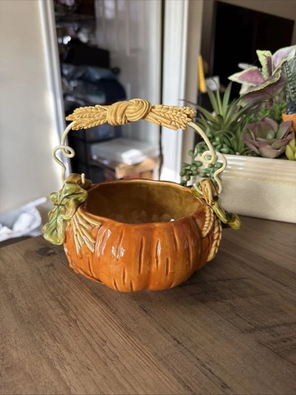 Vintage Ceramic Pumpkin Harvest Basket With Wheat Stalk Motif On The Handle